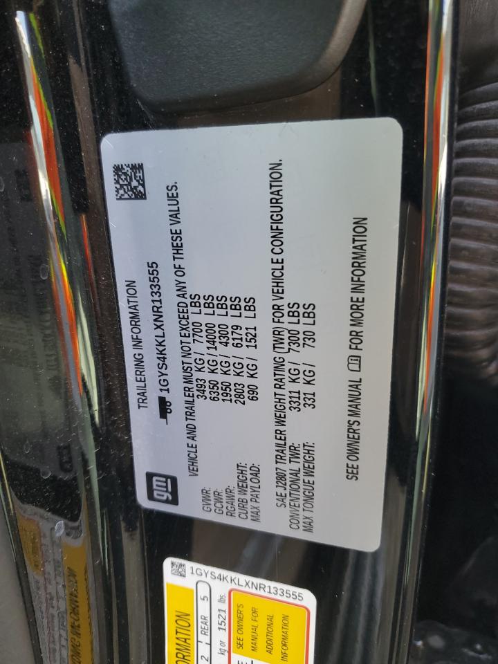 2022 CADILLAC ESCALADE ESV PREMIUM LUXURY VIN:1GYS4KKLXNR133555