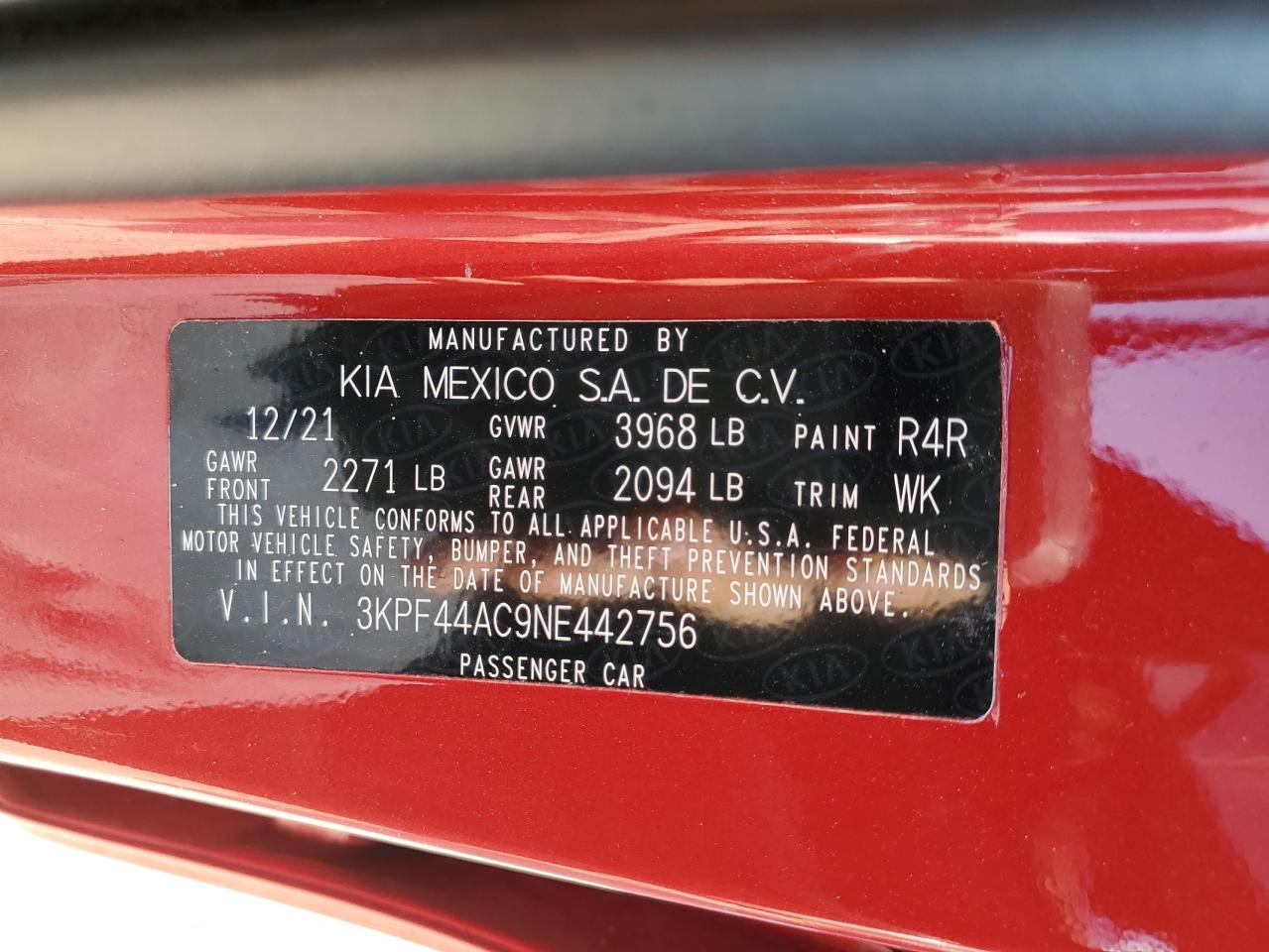 2022 KIA FORTE GT VIN:3KPF44AC9NE442756
