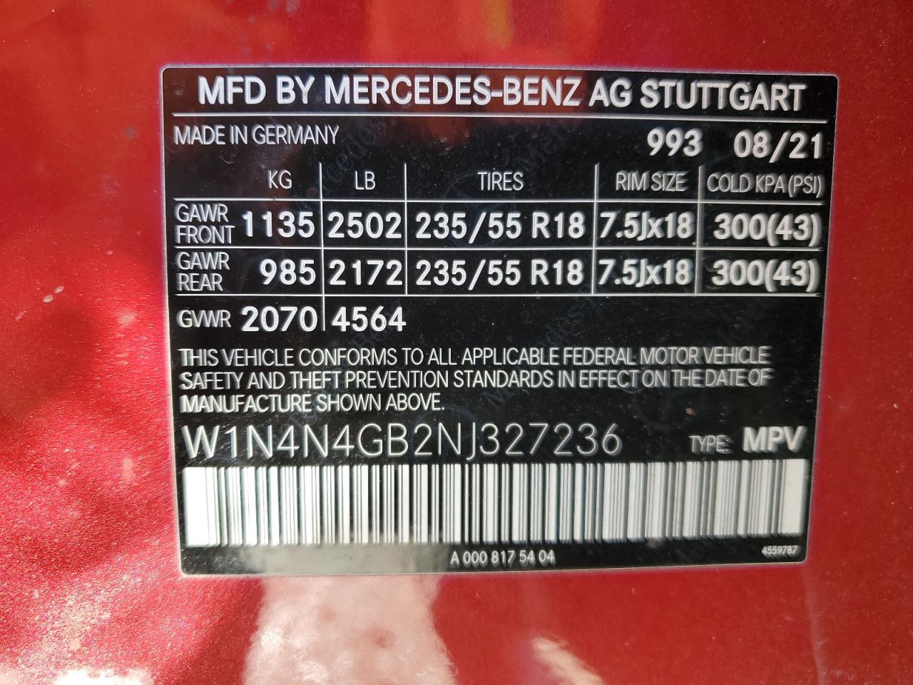 2022 MERCEDES-BENZ GLA 250 VIN:W1N4N4GB2NJ327236