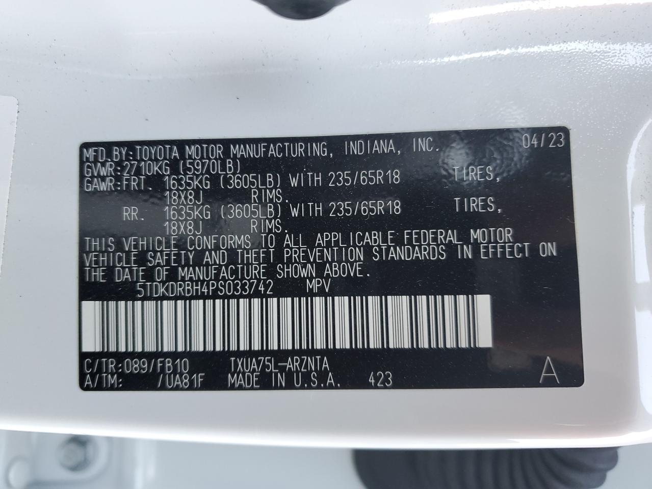 2023 TOYOTA HIGHLANDER L VIN:5TDKDRBH4PS033742