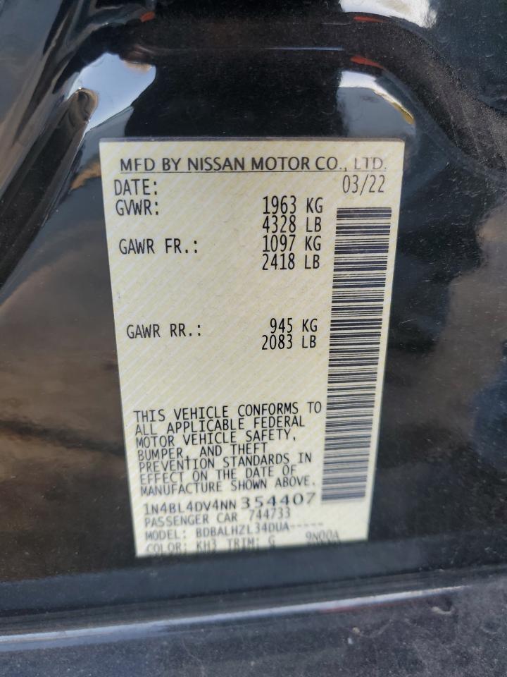 2022 NISSAN ALTIMA SV VIN:1N4BL4DV4NN354407