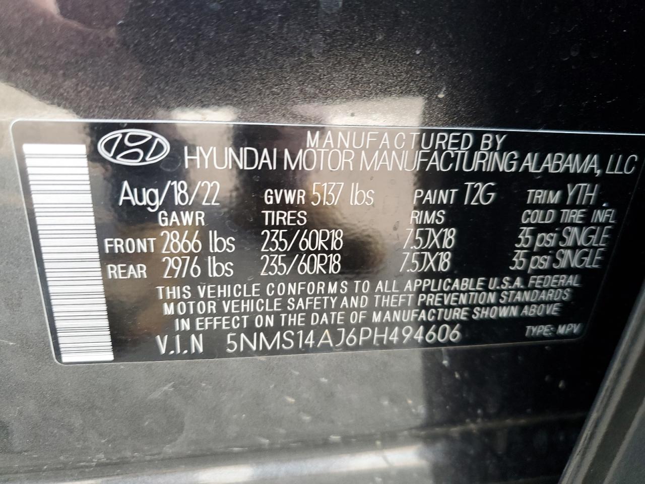 2023 HYUNDAI SANTA FE SE VIN:5NMS14AJ6PH494606