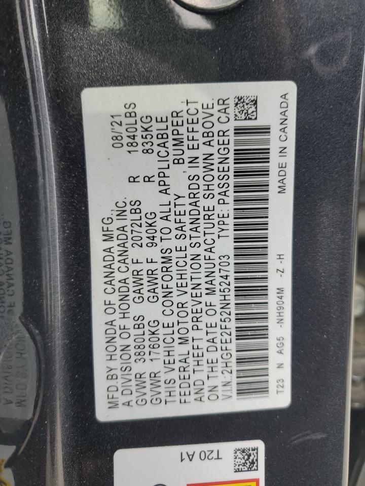 2022 HONDA CIVIC SPORT VIN:2HGFE2F52NH524703