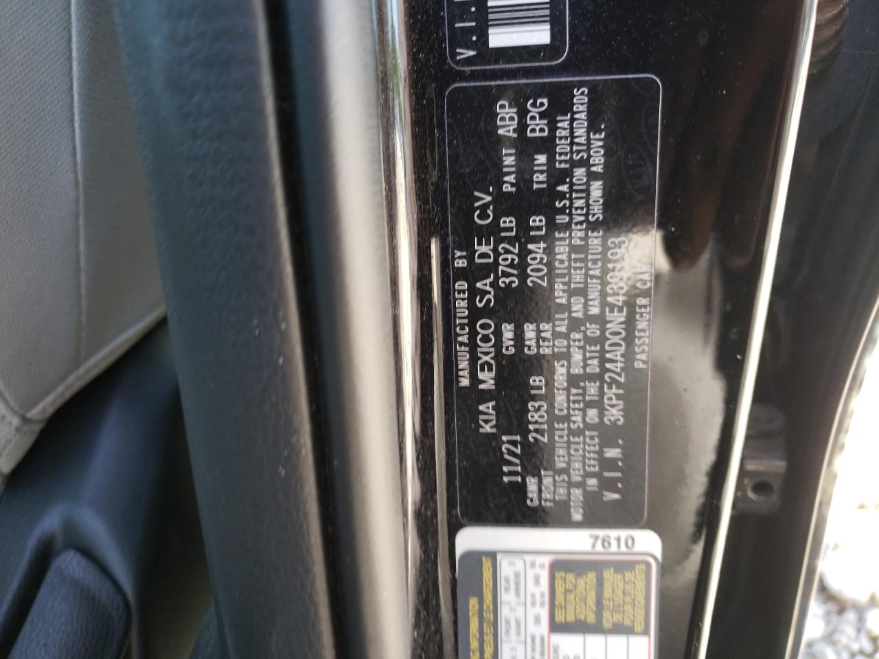 2022 KIA FORTE FE VIN:3KPF24AD0NE439193