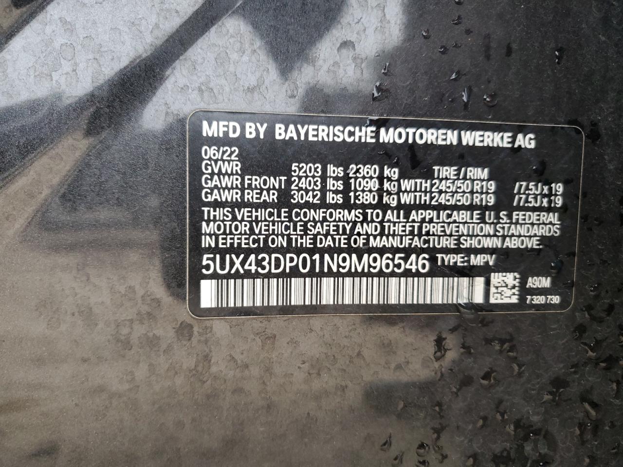 2022 BMW X3 SDRIVE30I VIN:5UX43DP01N9M96546