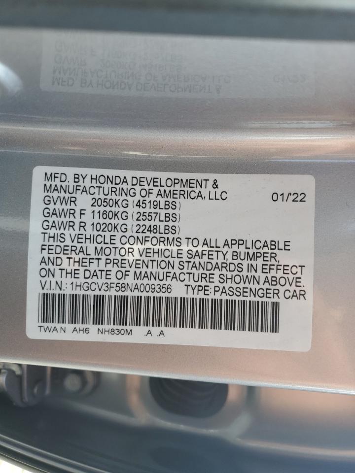 2022 HONDA ACCORD HYBRID EXL VIN:1HGCV3F58NA009356