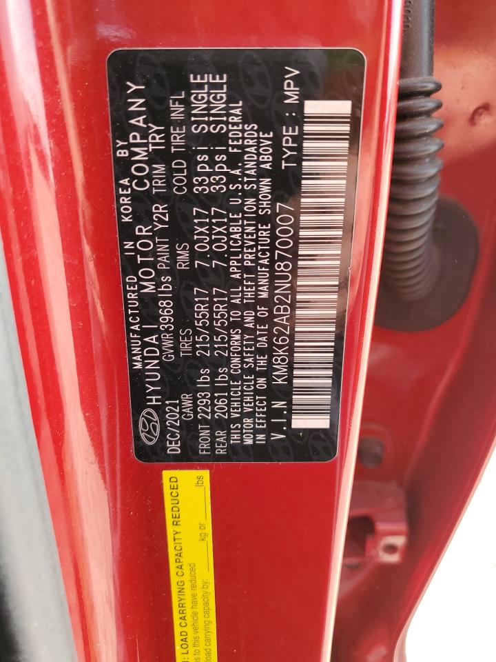 2022 HYUNDAI KONA SEL VIN:KM8K62AB2NU870007