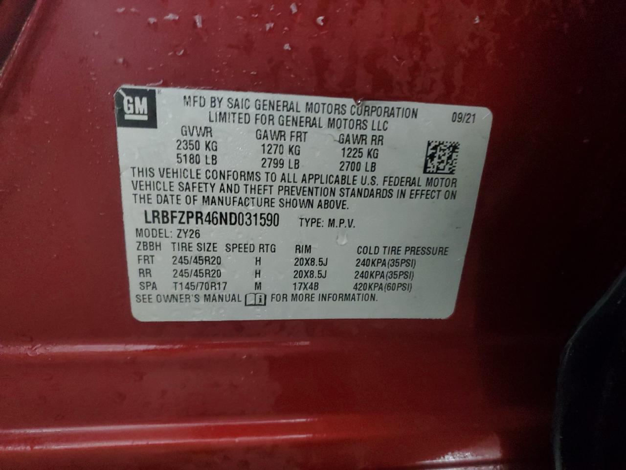 2022 BUICK ENVISION ESSENCE VIN:LRBFZPR46ND031590