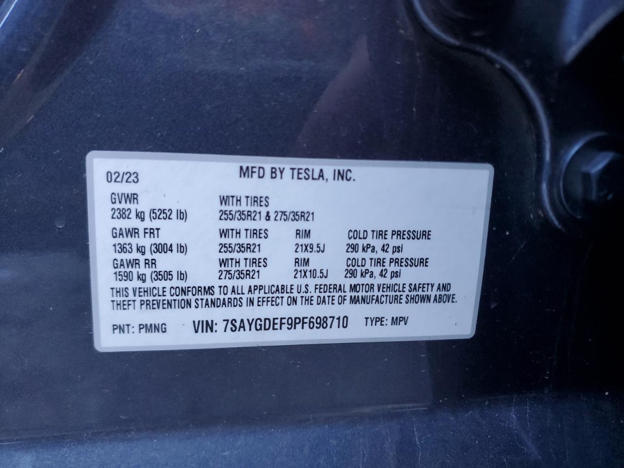 2023 TESLA MODEL Y  VIN:7SAYGDEF9PF698710