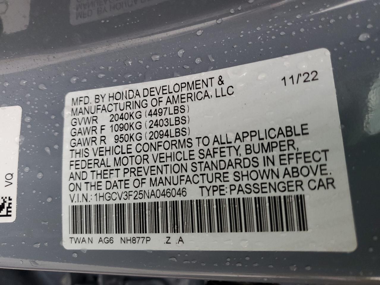 2022 HONDA ACCORD HYBRID SPORT VIN:1HGCV3F25NA46046