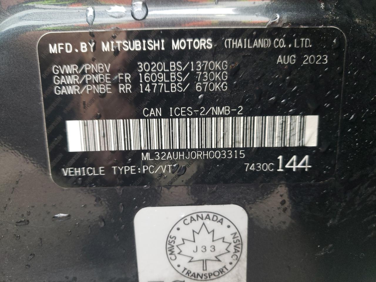 2024 MITSUBISHI MIRAGE ES VIN:ML32AUHJ0RH003315