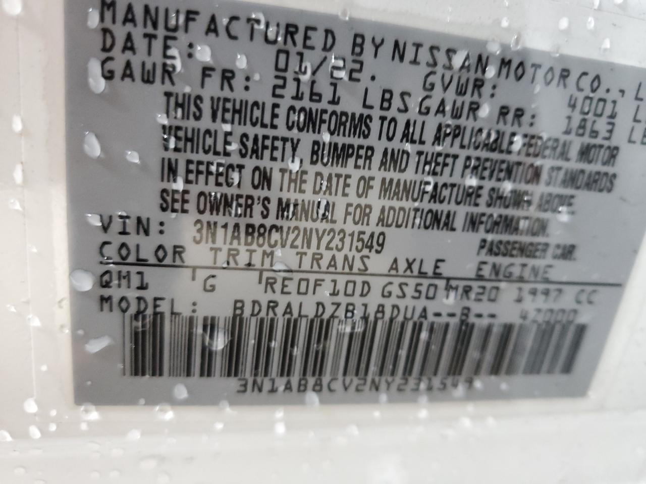 2022 NISSAN SENTRA SV VIN:3N1AB8CV2NY231549