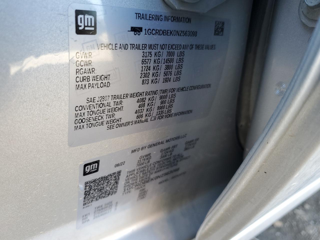 2022 CHEVROLET SILVERADO K1500 CUSTOM VIN:1GCRDBEK0NZ563098