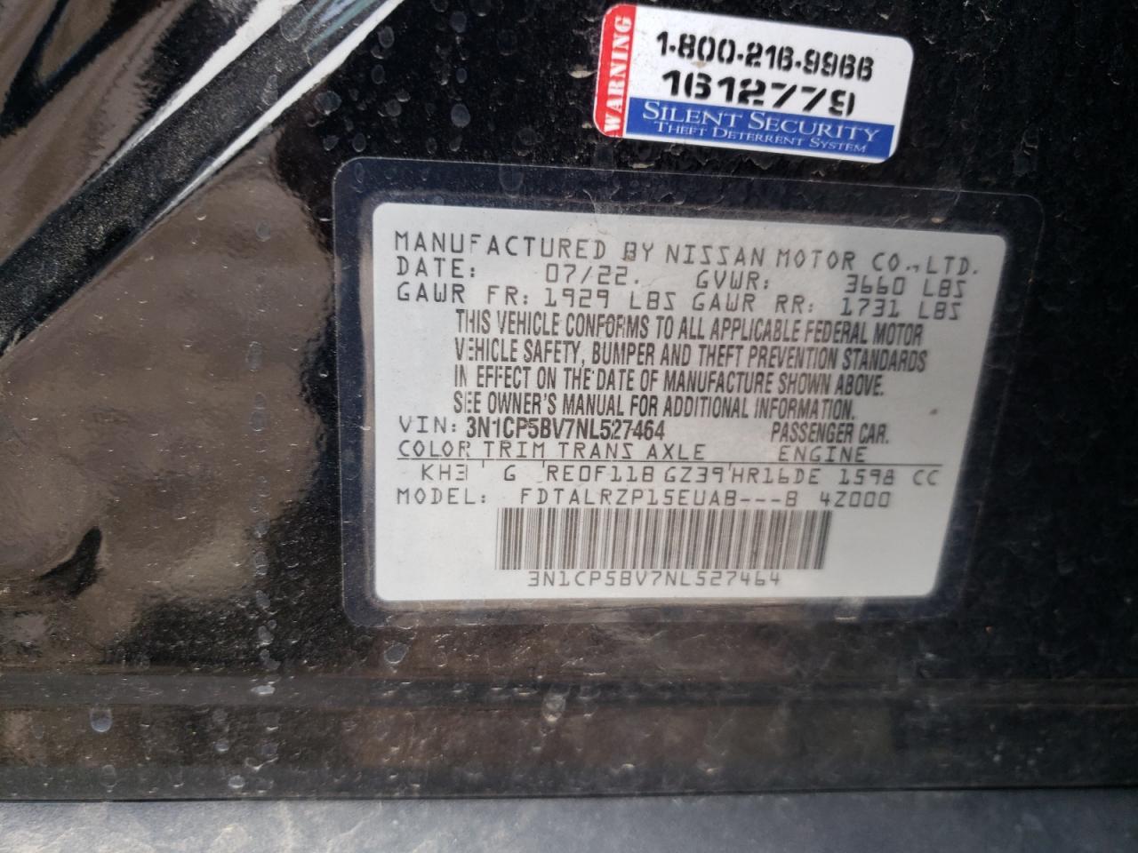 2022 NISSAN KICKS S VIN:3N1CP5BV7NL527464