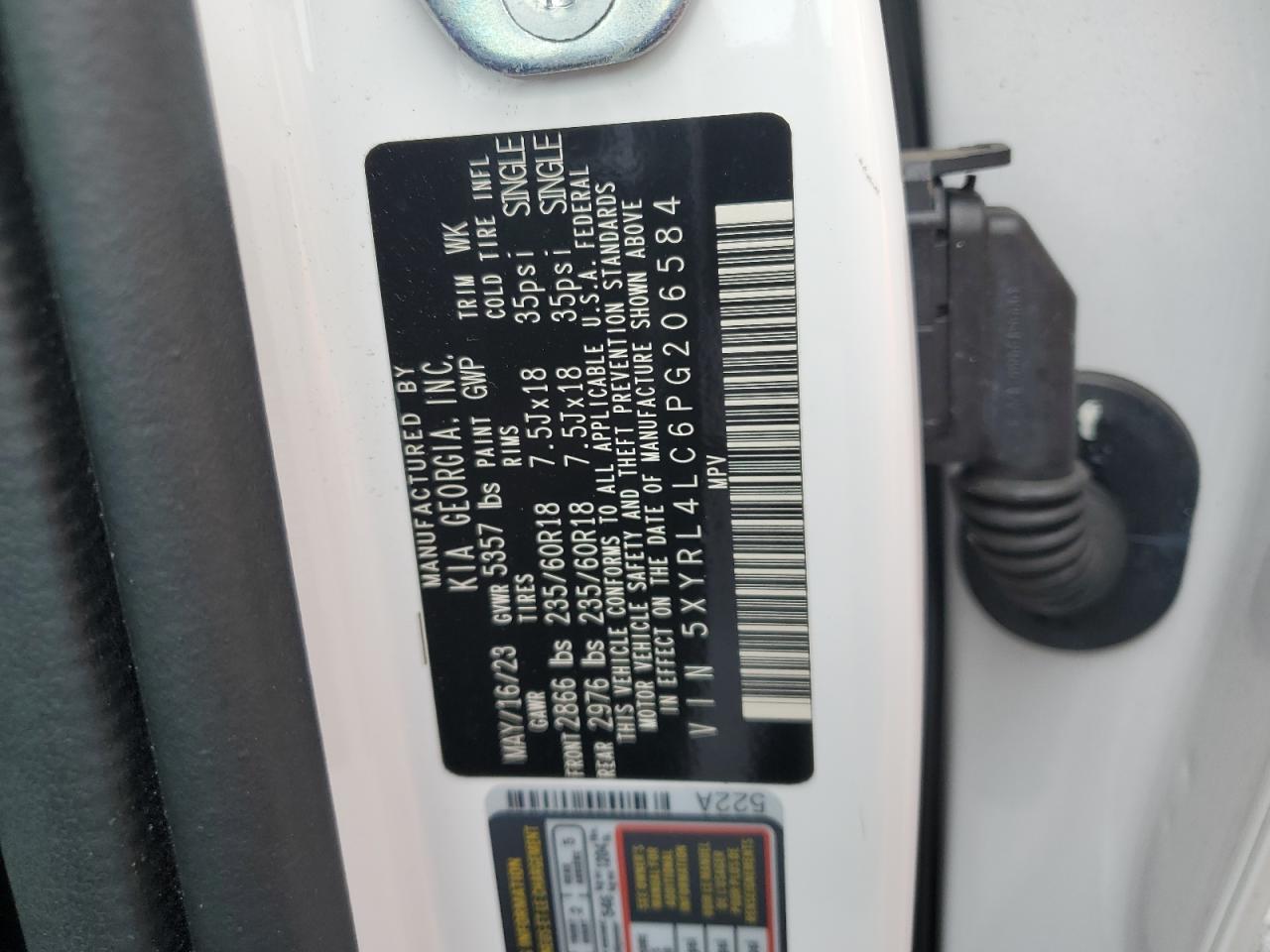 2023 KIA SORENTO S VIN:5XYRL4LC6PG206584