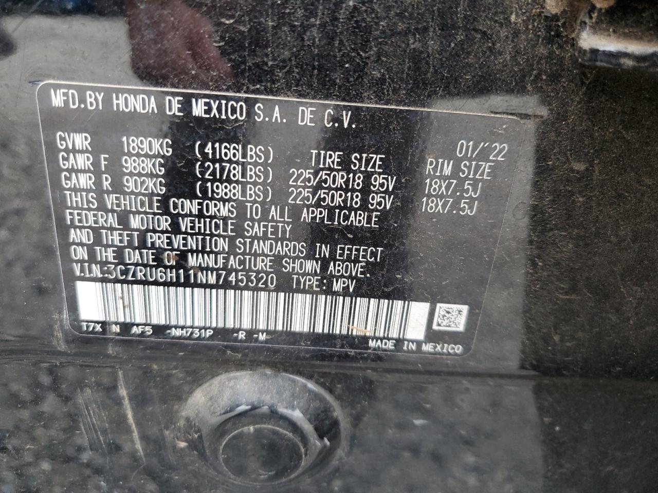 2022 HONDA HR-V SPORT VIN:3CZRU6H11NM745320