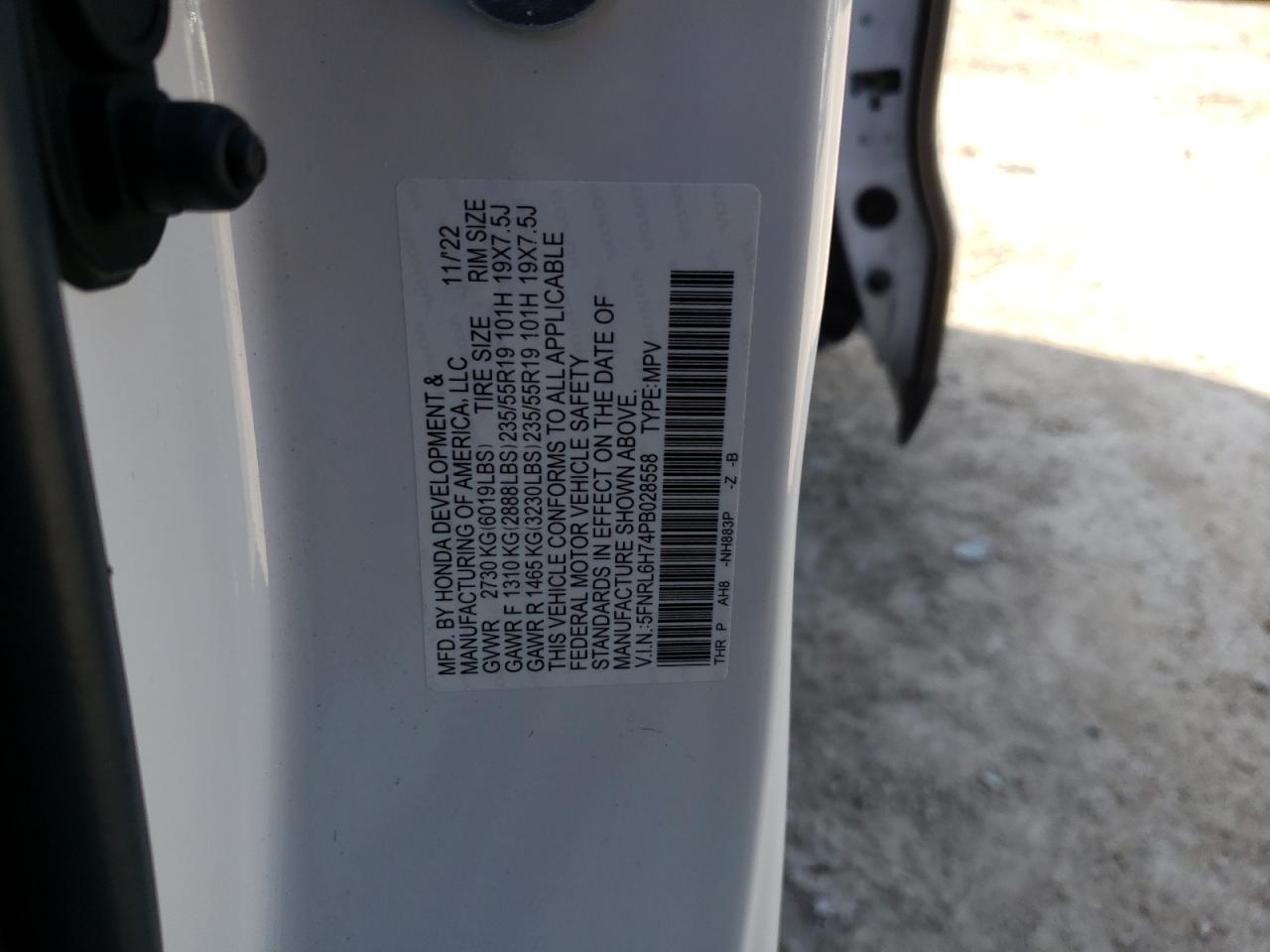 2023 HONDA ODYSSEY SPORT-L VIN:5FNRL6H74PB028558