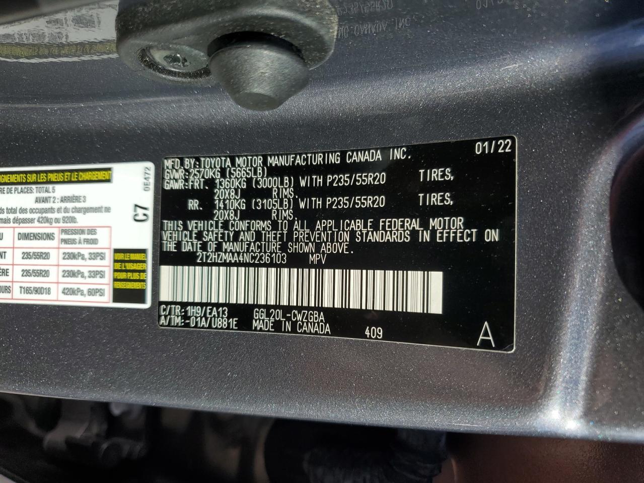 2022 LEXUS RX 350 VIN:2T2HZMAA4NC236103