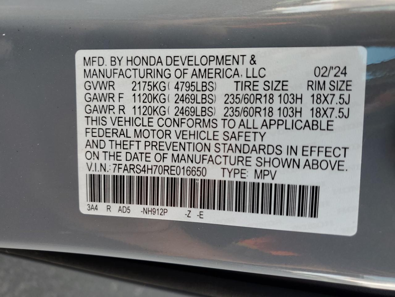 2024 HONDA CR-V EXL VIN:7FARS4H70RE016650