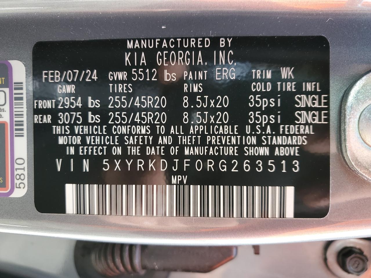 2024 KIA SORENTO SX VIN:5XYRKDJF0RG263513