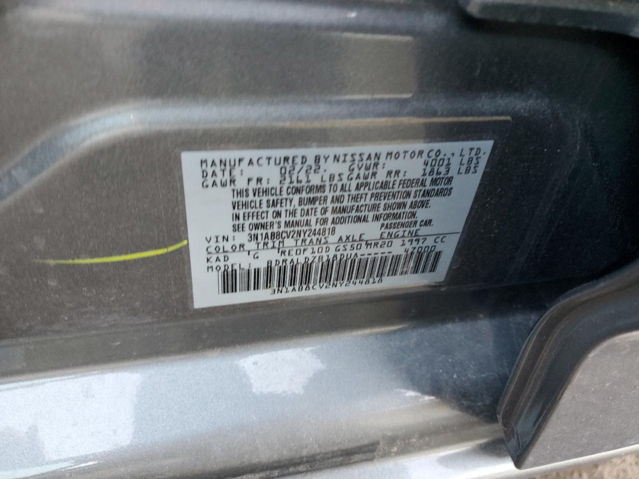 2022 NISSAN SENTRA SV VIN:3N1AB8CV2NY244818