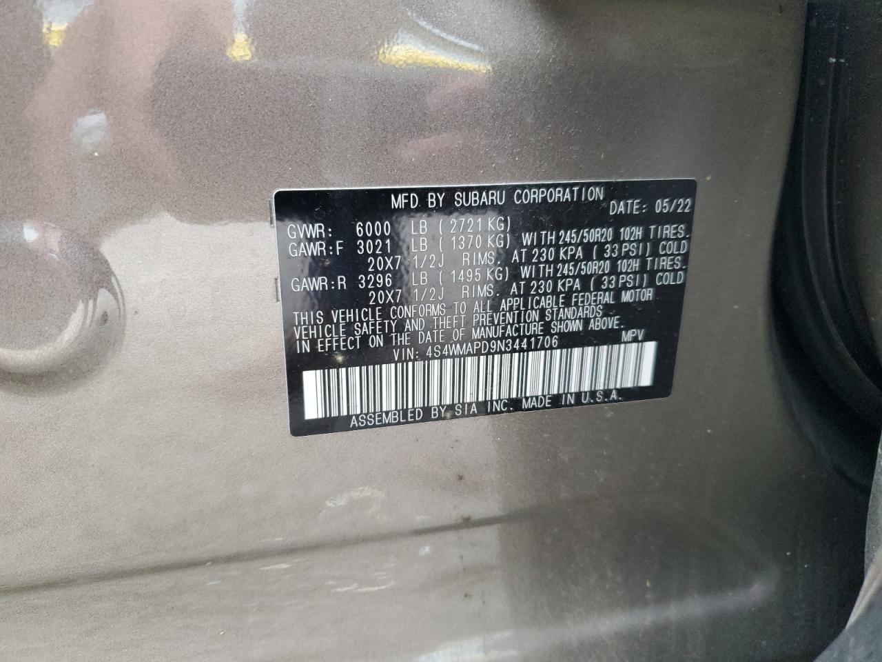 2022 SUBARU ASCENT LIMITED VIN:4S4WMAPD9N3441706