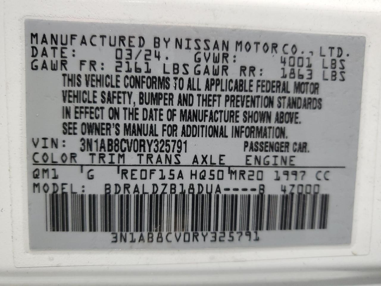 2024 NISSAN SENTRA SV VIN:3N1AB8CV0RY325791