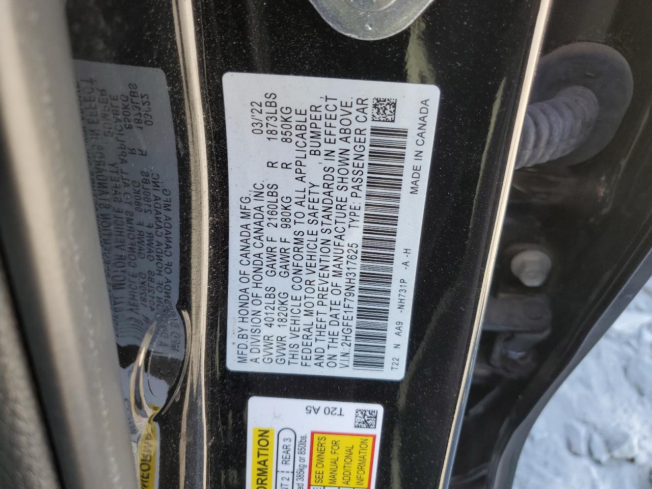 2022 HONDA CIVIC EX VIN:2HGFE1F79NH317625