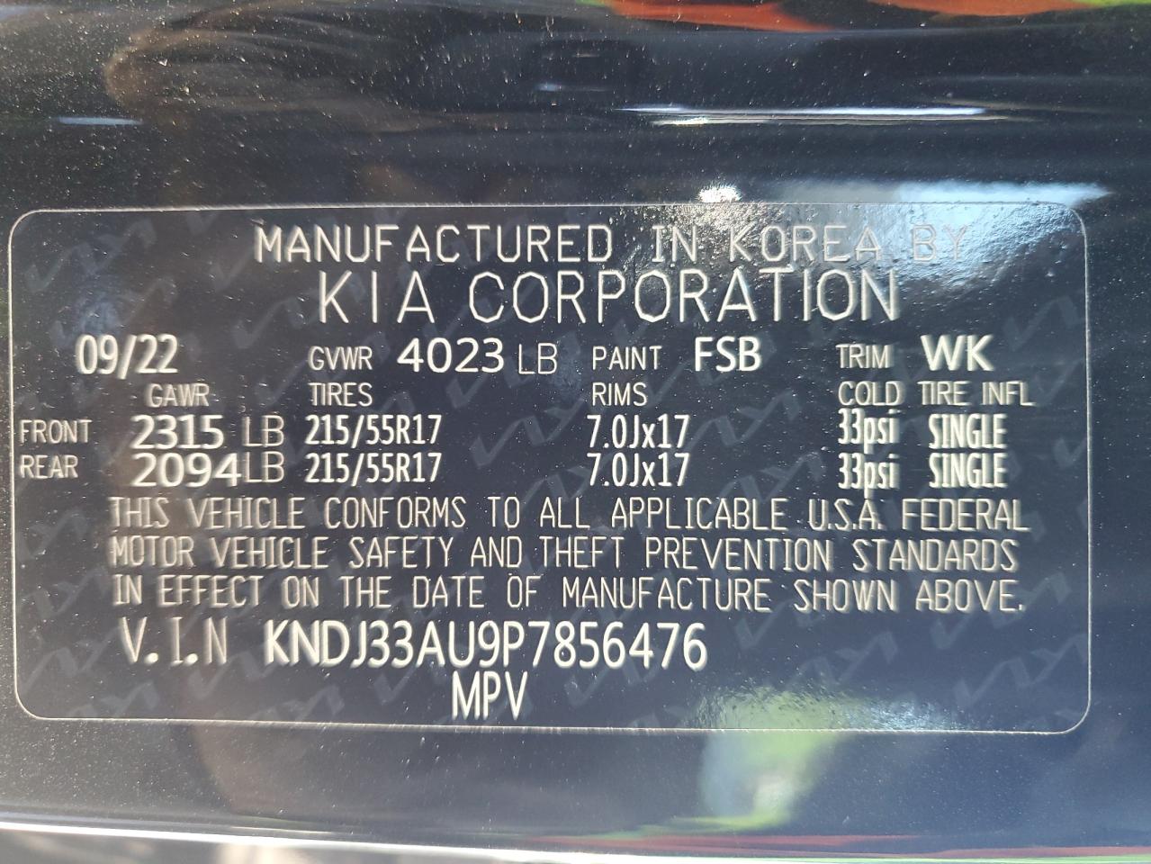 2023 KIA SOUL EX VIN:KNDJ33AU9P7856476