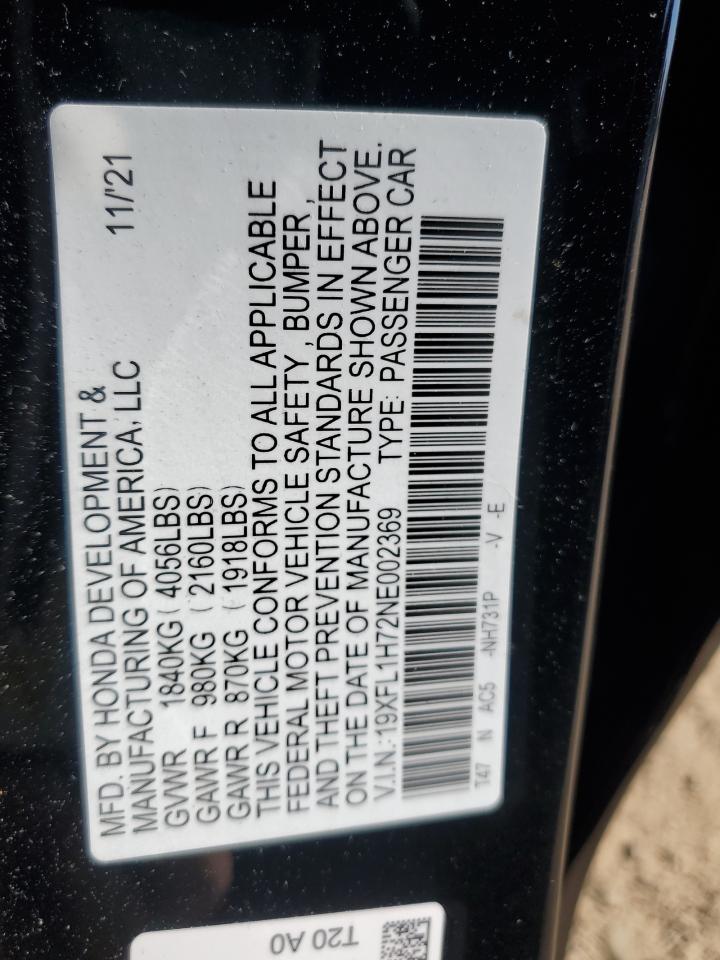 2022 HONDA CIVIC EXL VIN:19XFL1H72NE002369