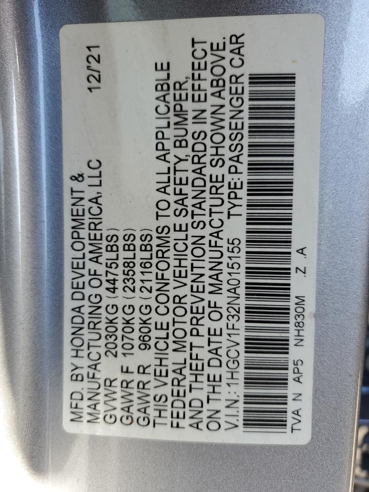 2022 HONDA ACCORD SPORT VIN:1HGCV1F32NA015155