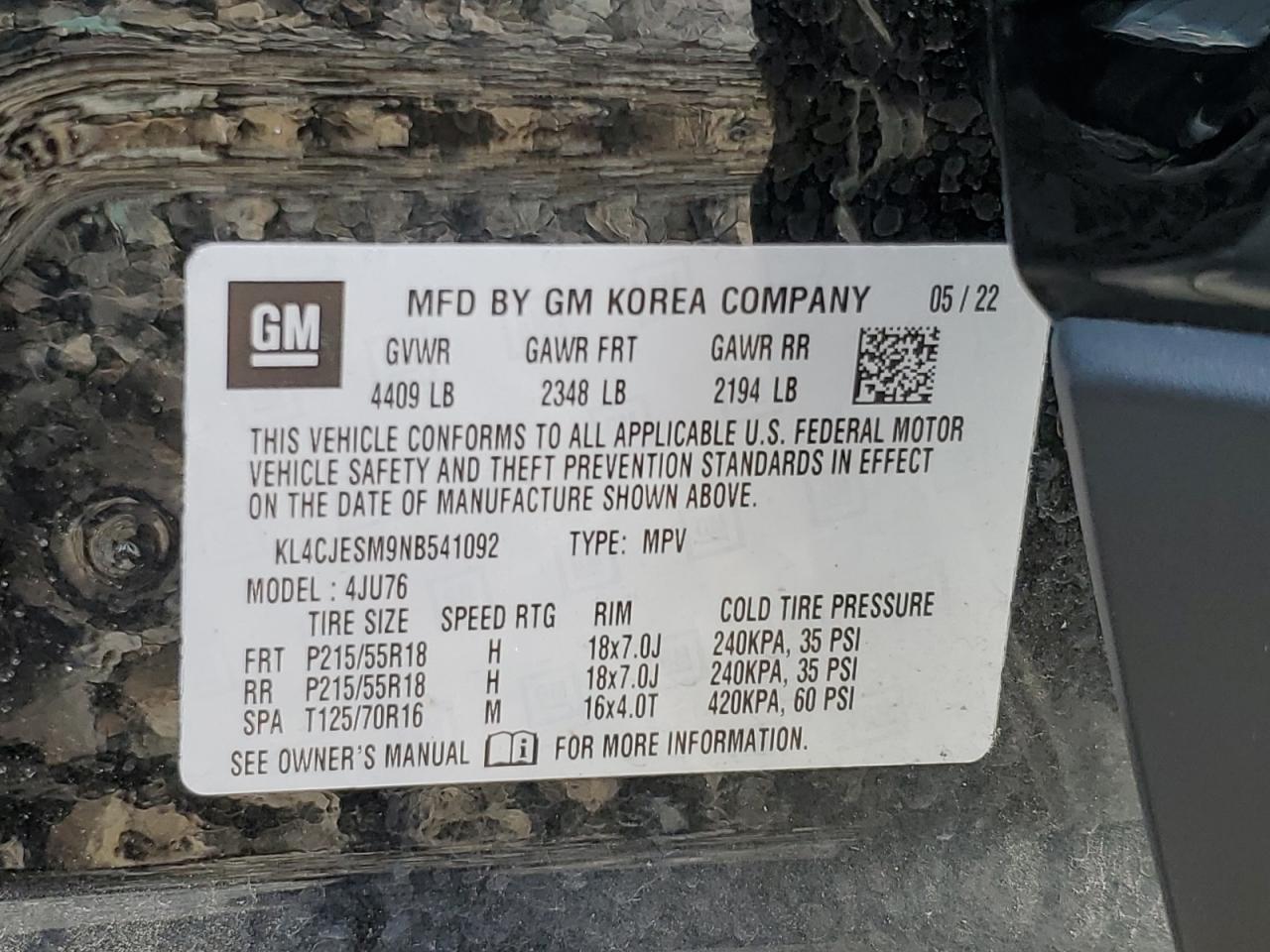 2022 BUICK ENCORE PREFERRED VIN:KL4CJESM9NB541092