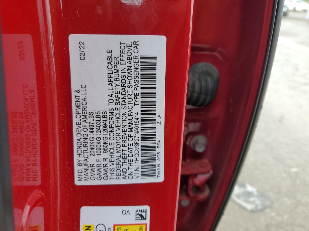2022 HONDA ACCORD HYBRID SPORT VIN:1HGCV3F27NA015414