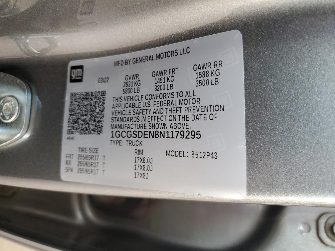 2022 CHEVROLET COLORADO Z71 VIN:1GCGSDEN8N1179295