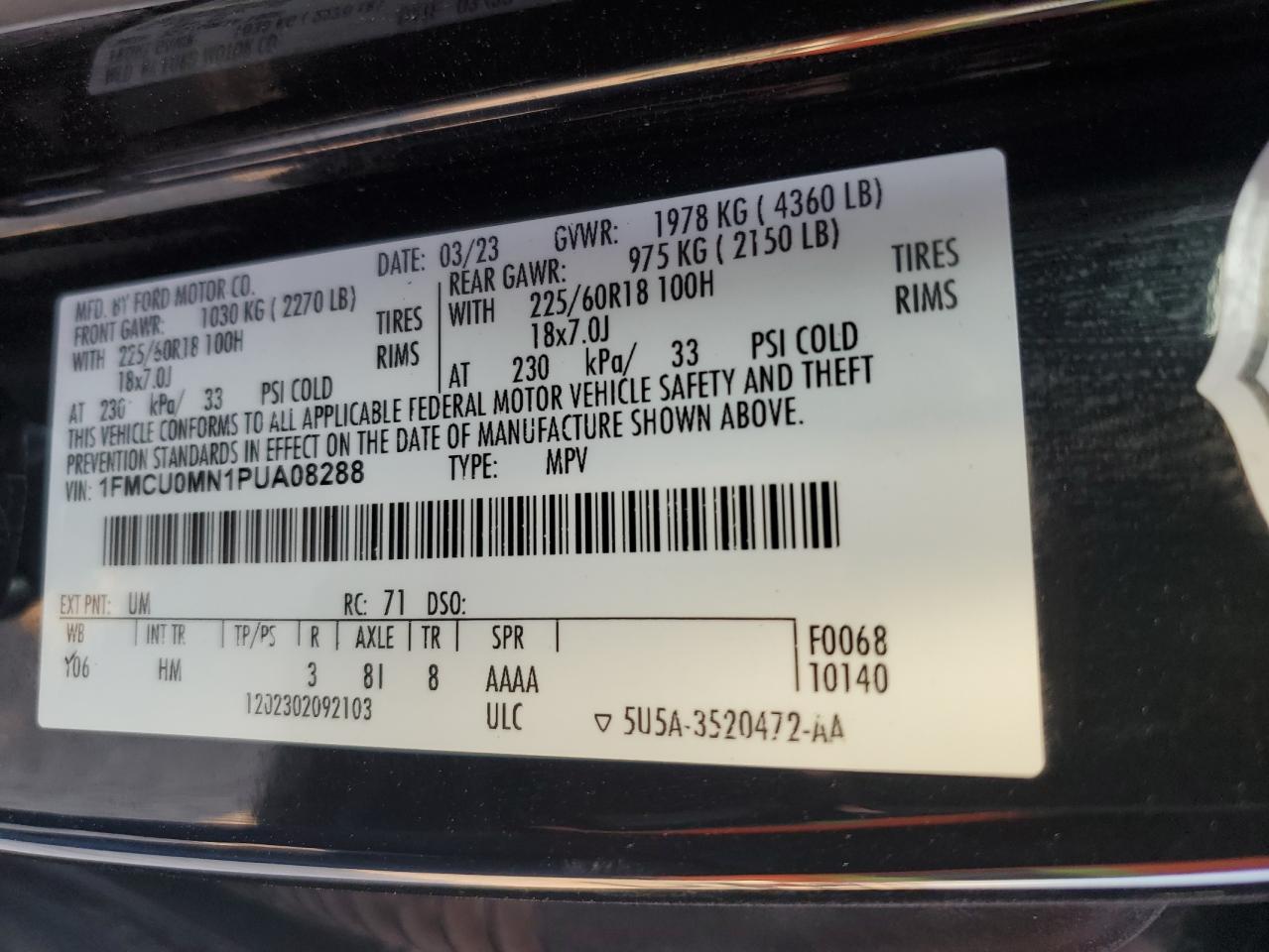 2023 FORD ESCAPE ST LINE VIN:1FMCU0MN1PUA08288