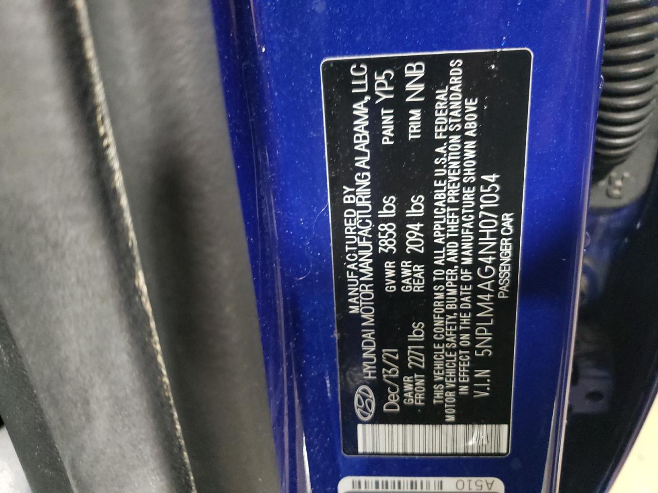 2022 HYUNDAI ELANTRA SEL VIN:5NPLM4AG4NH071054