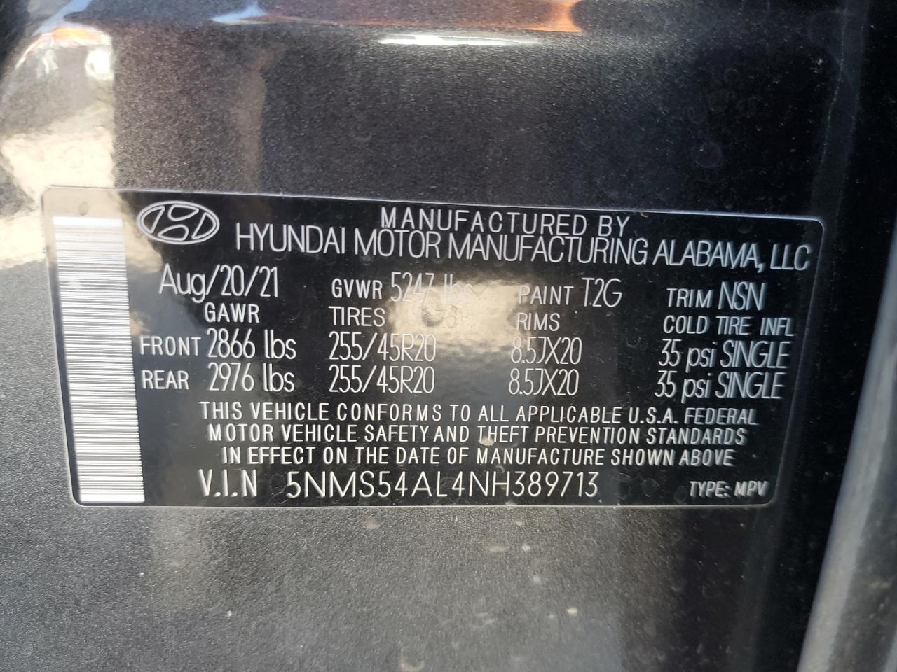 2022 HYUNDAI SANTA FE CALLIGRAPHY VIN:5NMS54AL4NH389713