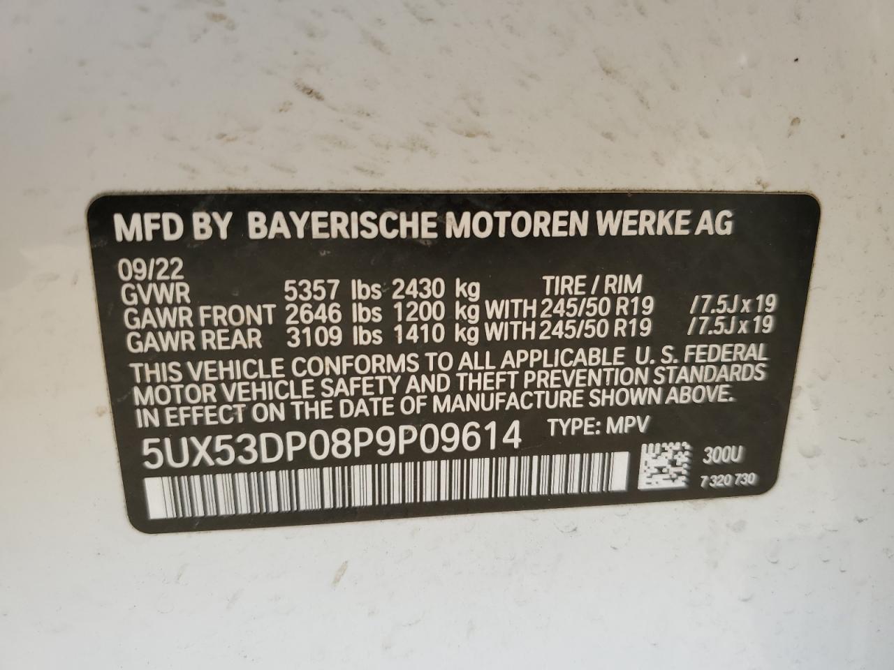 2023 BMW X3 XDRIVE30I VIN:5UX53DP08P9P09614