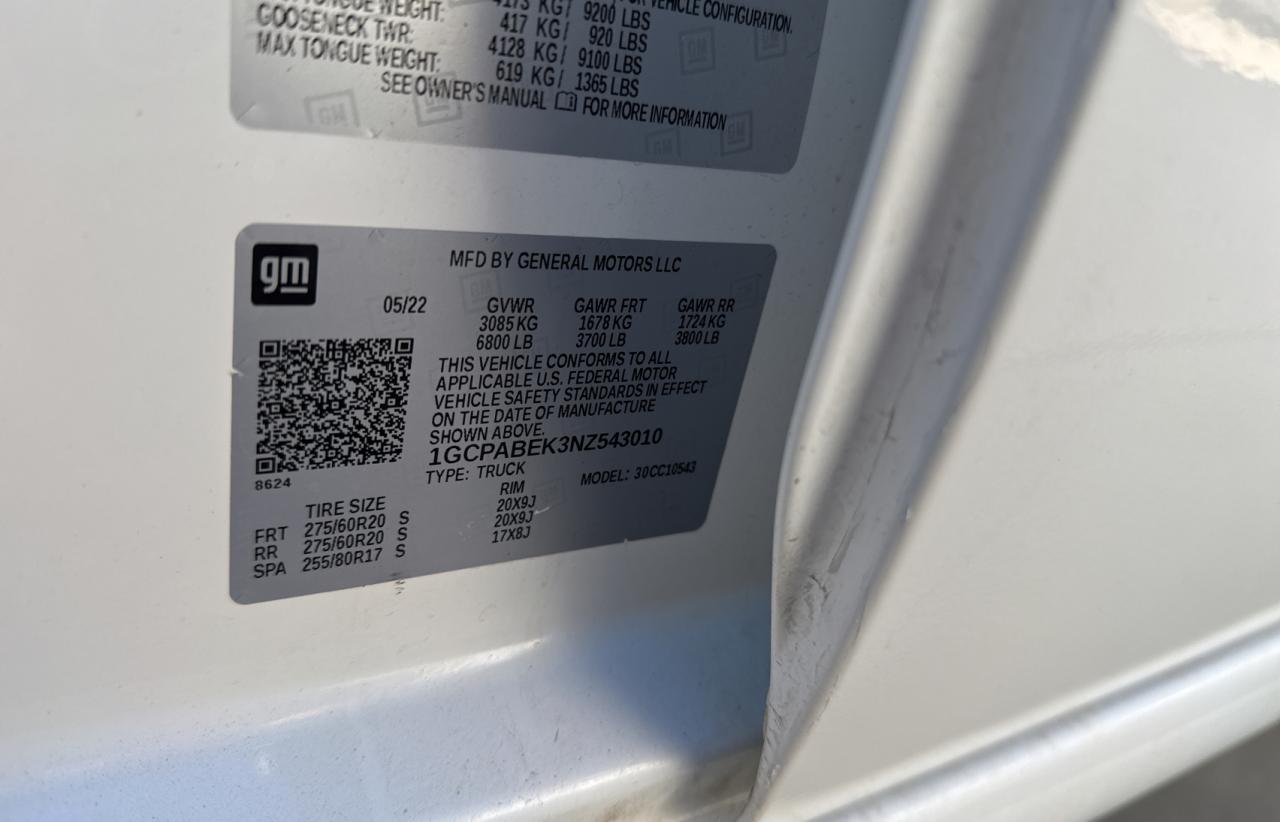 2022 CHEVROLET SILVERADO C1500 CUSTOM VIN:1GCPABEK3NZ543010