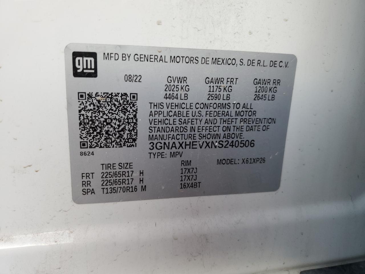 2022 CHEVROLET EQUINOX LS VIN:3GNAXHEVXNS240506