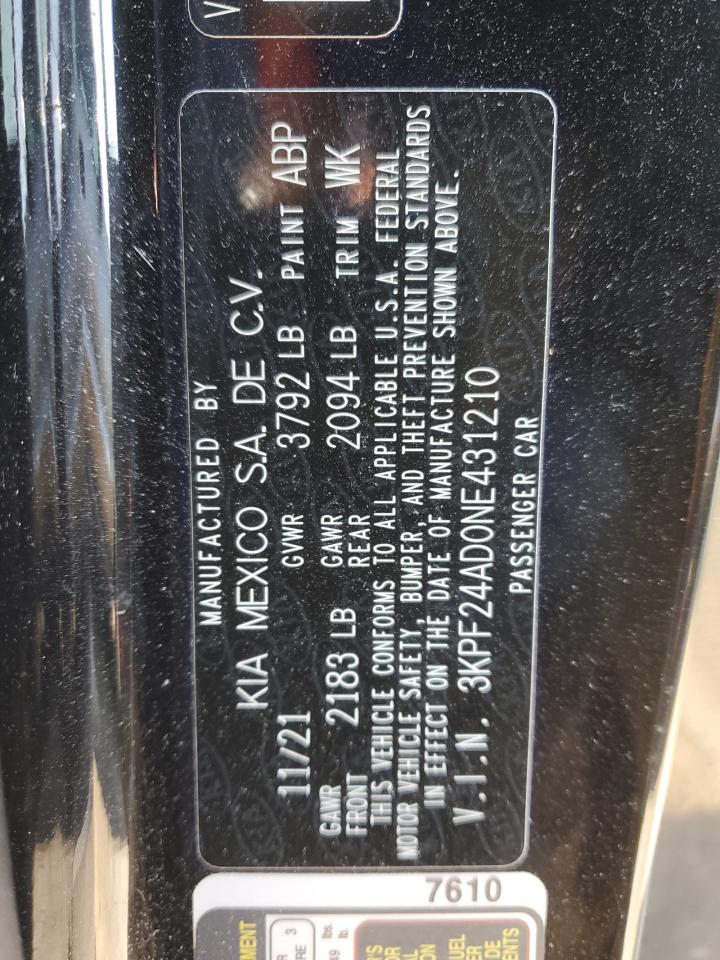 2022 KIA FORTE FE VIN:3KPF24AD0NE431210