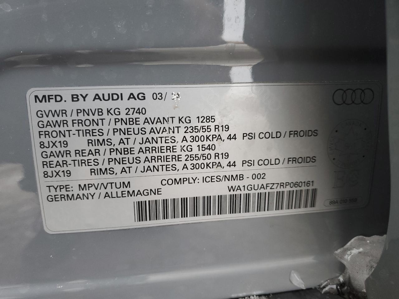 2024 AUDI Q4 E-TRON  VIN:WA1GUAFZ7RP060161