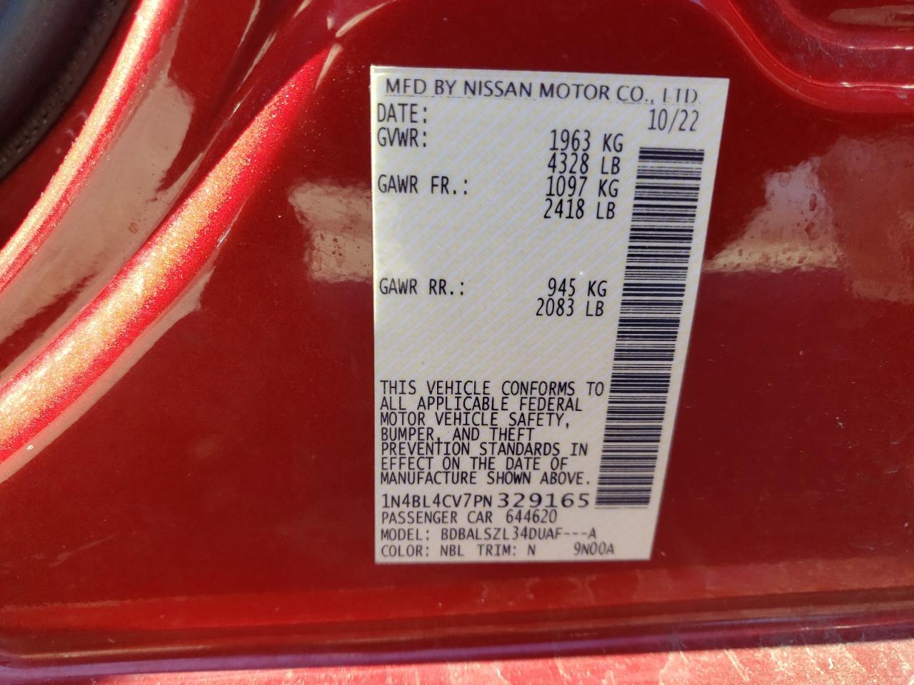 2023 NISSAN ALTIMA SR VIN:1N4BL4CV7PN329165
