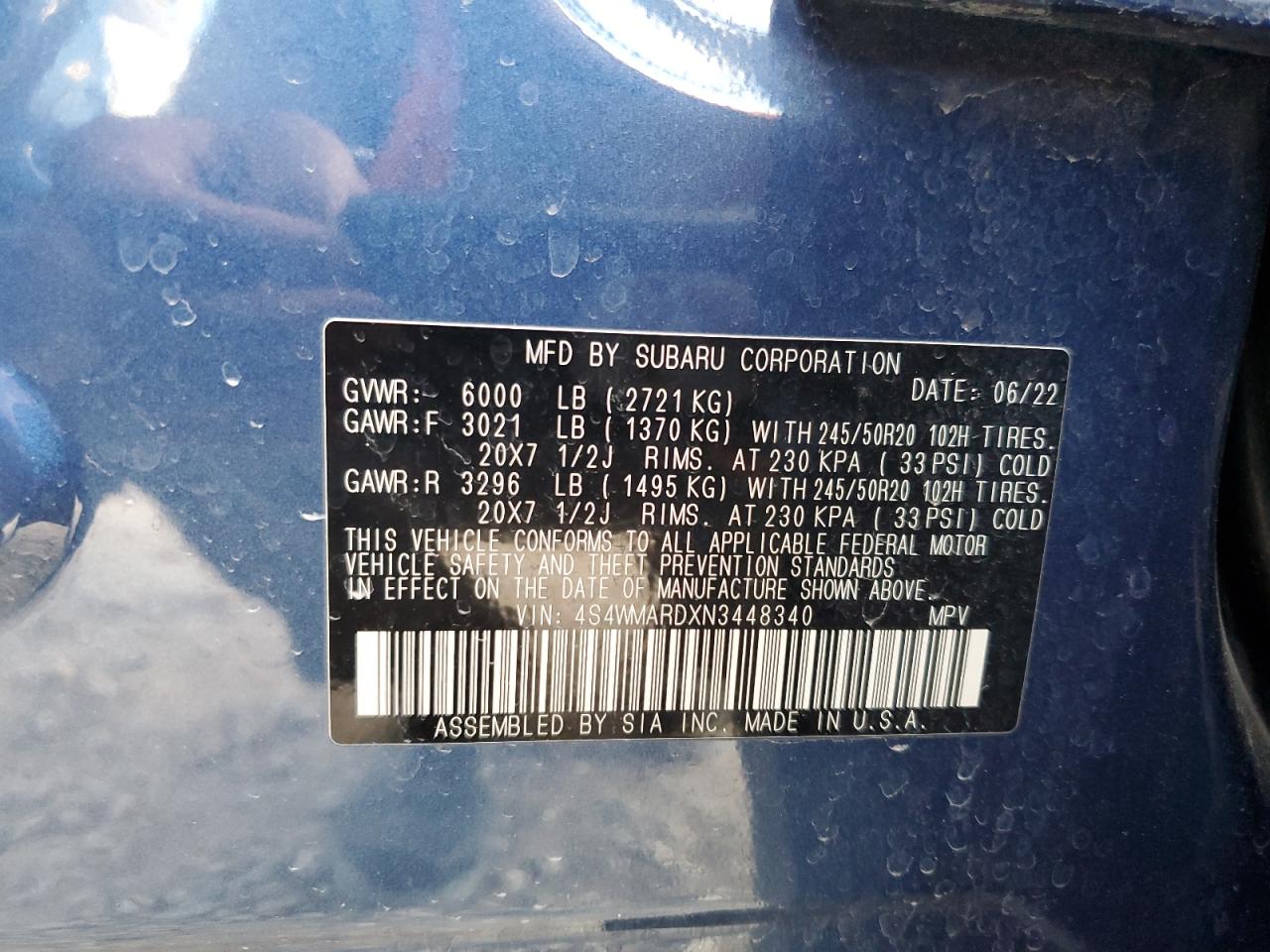 2022 SUBARU ASCENT TOURING VIN:4S4WMARDXN3448340