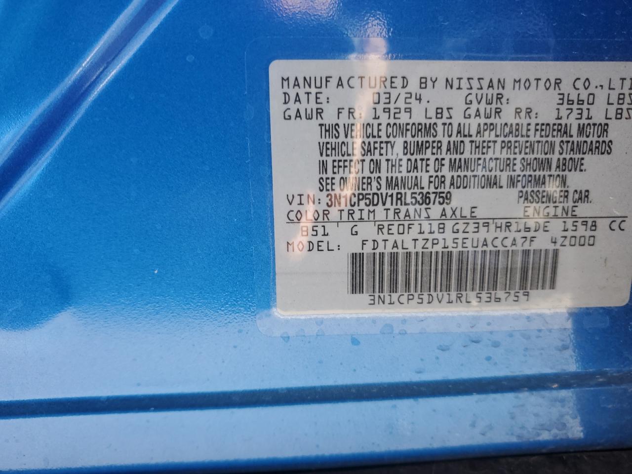 2024 NISSAN KICKS SR VIN:3N1CP5DV1RL536759