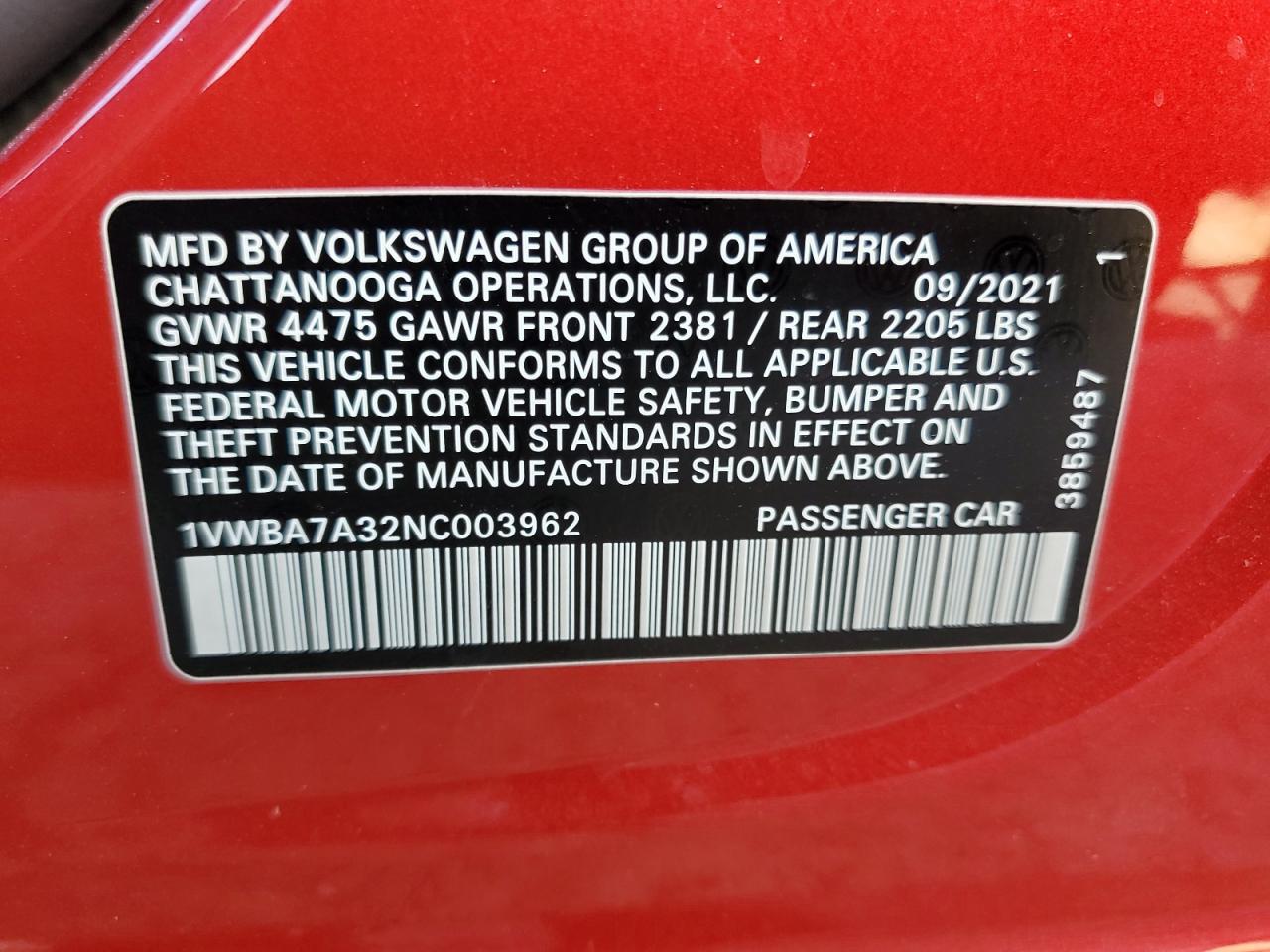 2022 VOLKSWAGEN PASSAT LIMITED EDITION VIN:1VWBA7A32NC003962