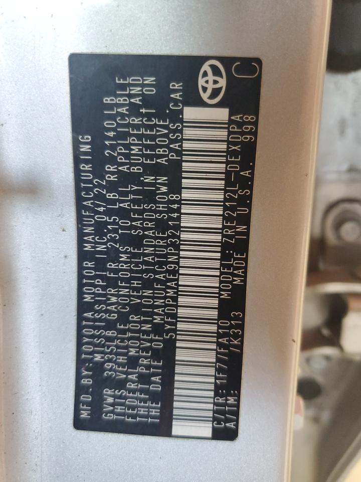 2022 TOYOTA COROLLA L VIN:5YFDPMAE9NP321448