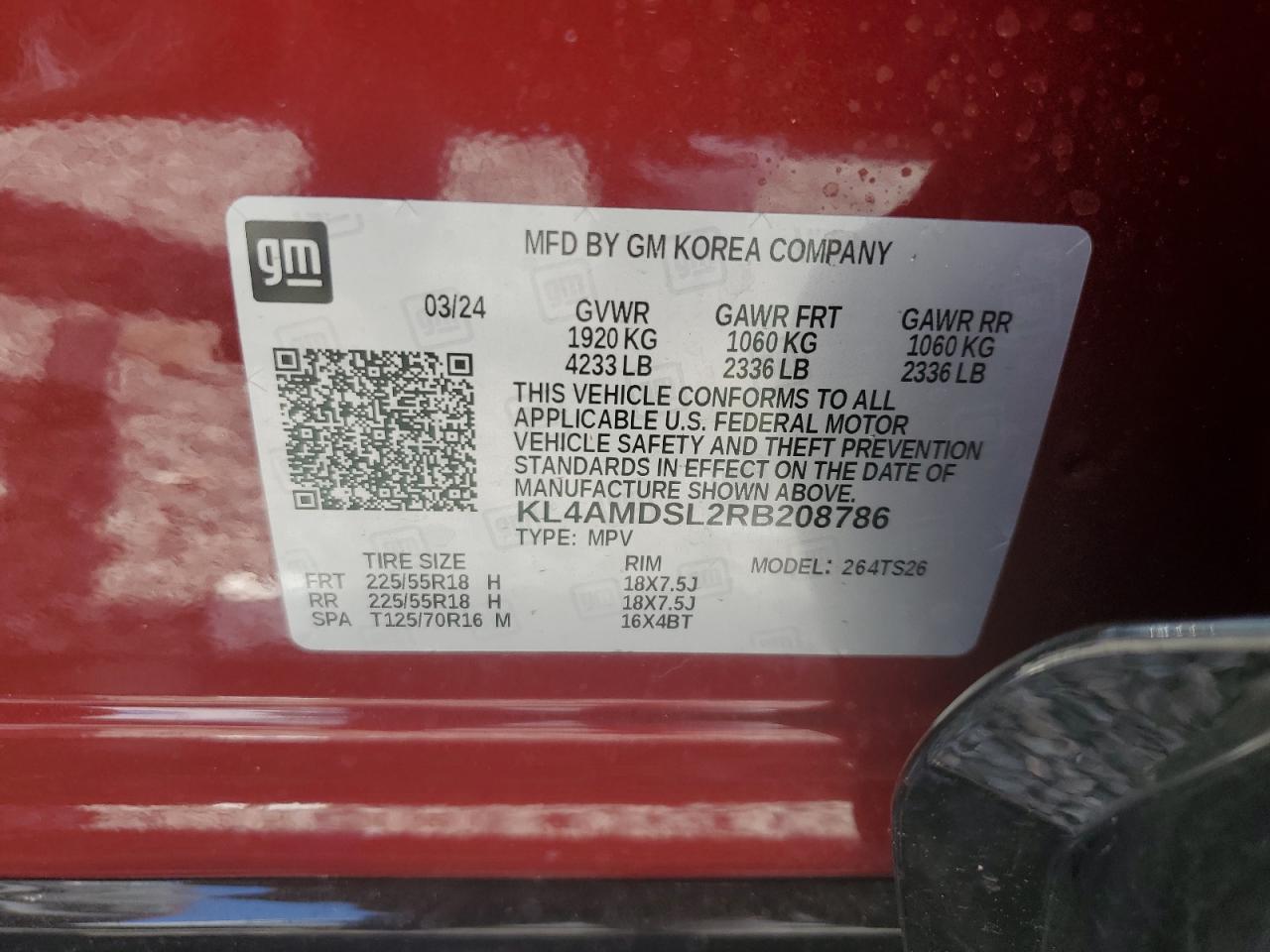 2024 BUICK ENCORE GX SPORT TOURING VIN:KL4AMDSL2RB208786