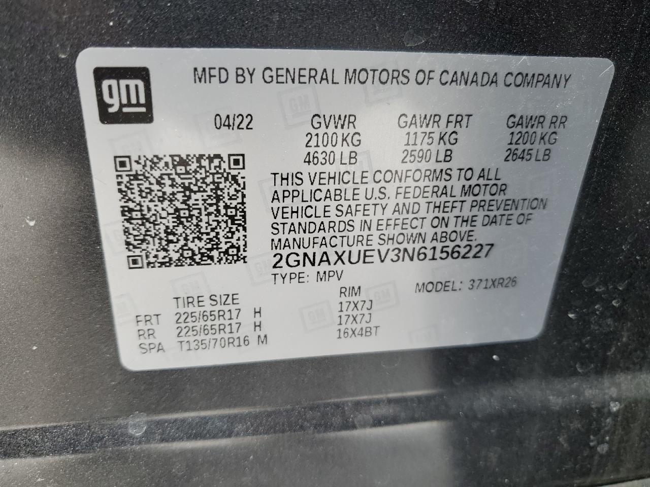 2022 CHEVROLET EQUINOX LT VIN:2GNAXUEV3N6156227