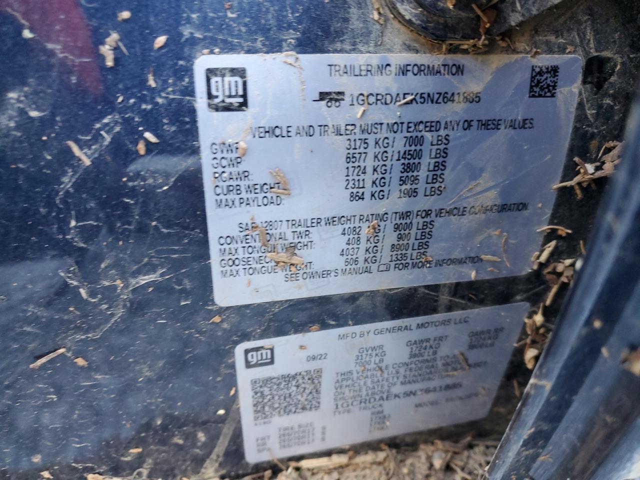 2022 CHEVROLET SILVERADO K1500 VIN:1GCRDAEK5NZ641885